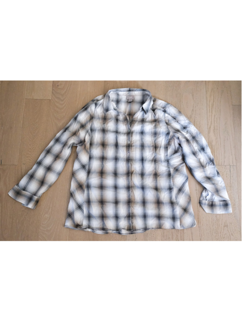 J.Jill Women’s Plaid Button-Up Shirt Gray Tan White Size Large Cotton Rayon
